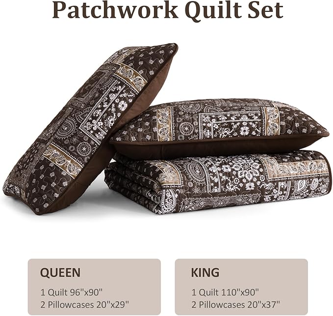 Cottolester Brown Patchwork Quilt Set King Size, 3 Pieces Boho Paisley Quilt Set - Image 7