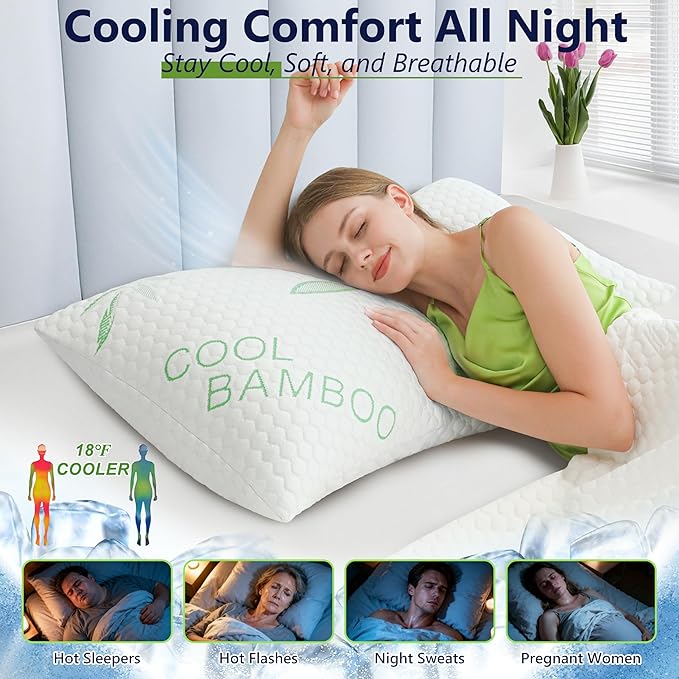 Cooling Pillows, Shredded Memory Foam Pillows King Size Set of 2 Adjustable - Image 2