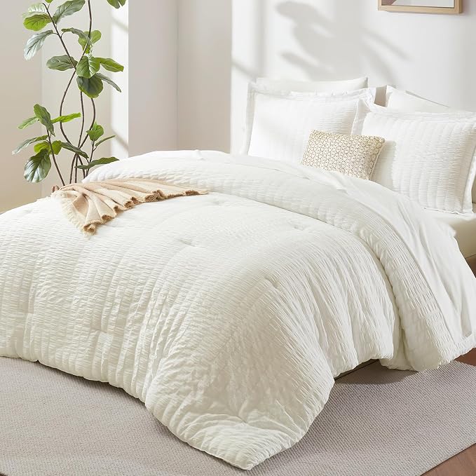 CozyLux Queen Comforter Set Ivory Seersucker 7 Pieces Bed in a Bag Queen by CozyLux