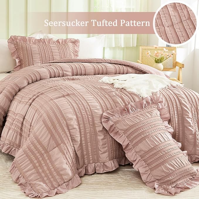 WONGS BEDDING Pink Comforter Set Queen, 3 Pieces Ruffle Farmhouse Shabby Chic - Image 2