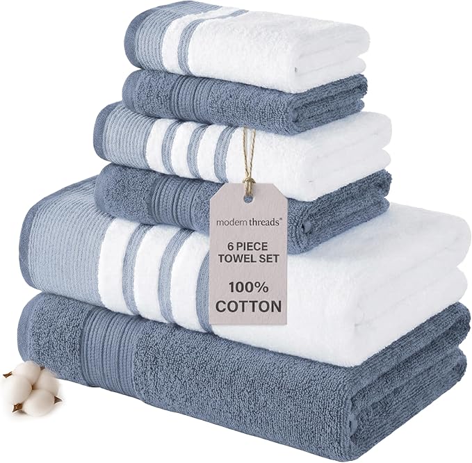 Modern Threads 6-Piece Towel Set – 100% Cotton, Quick Dry, Ultra Absorbent – by ModernThreads