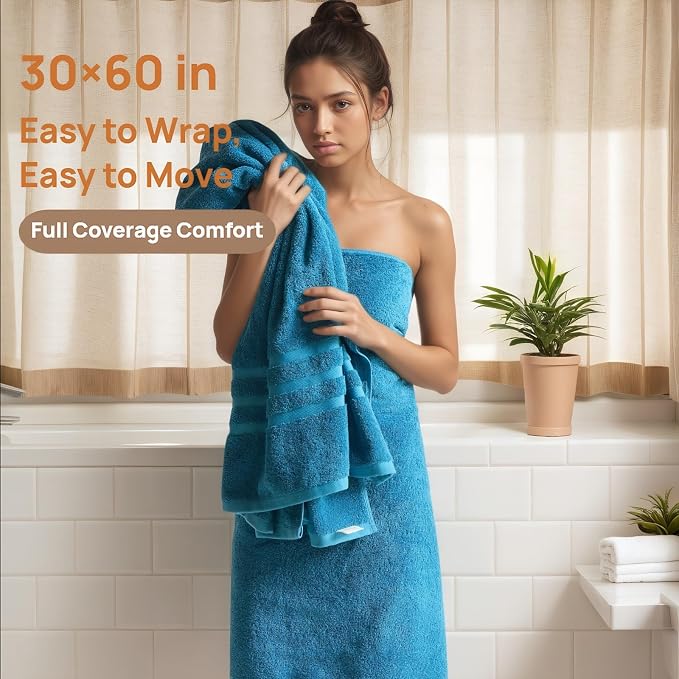 Bath Towels 4 Pack, 30 x 60 Inches, Large 100% Cotton Towels, Comfortable - Image 3