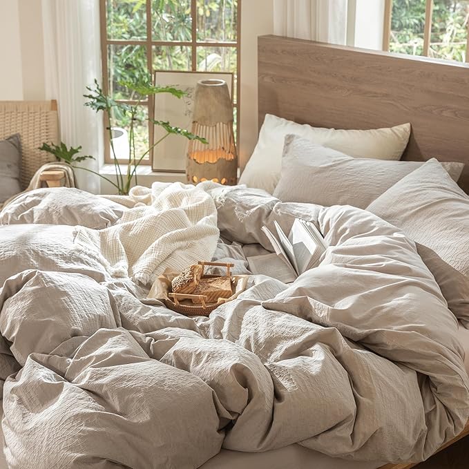 MooMee Wavy Striped Duvet Cover Set 100% Washed Cotton Linen Like Textured - Image 4