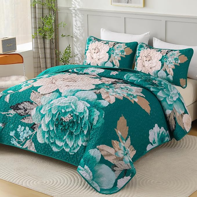WONGS BEDDING Teal Boho Floral Quilt Set King, 3 Pieces Elegant Flower - Image 2