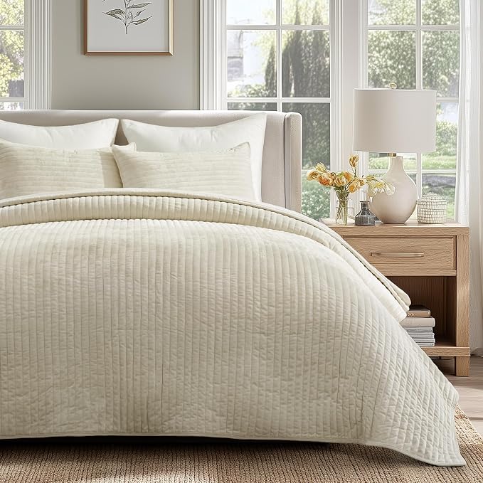 EVERGRACE Velvet Quilt Set King Size, Luxurious Soft Striped Channel Bedding Set - Image 7