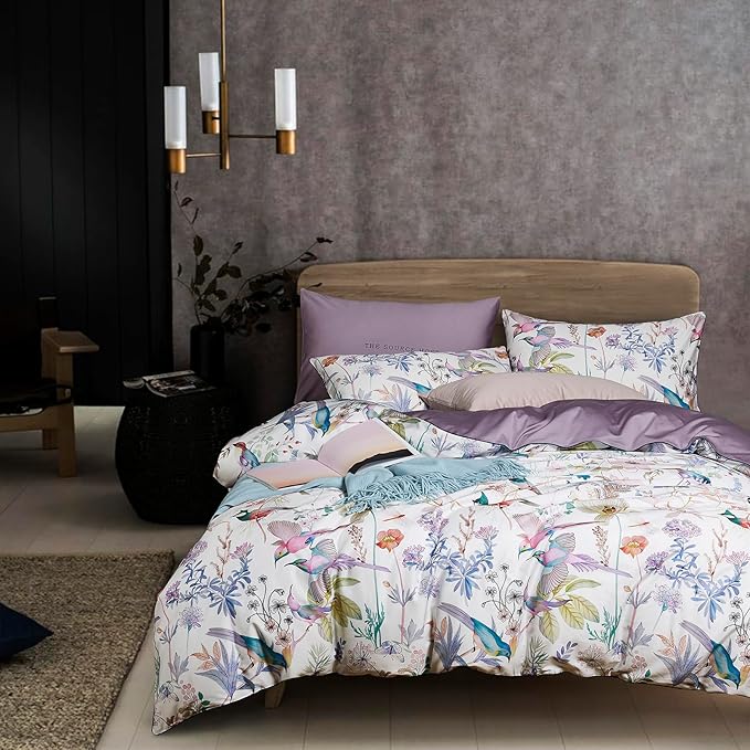 mixinni Queen Size Duvet Cover Purple Flowers Bird Bedding Sets Shabby Chic by mixinni