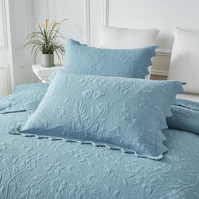 Brandream Luxury 100% Cotton Quilt Set Queen Size Blue Floral Vine Matelasse - Image 9