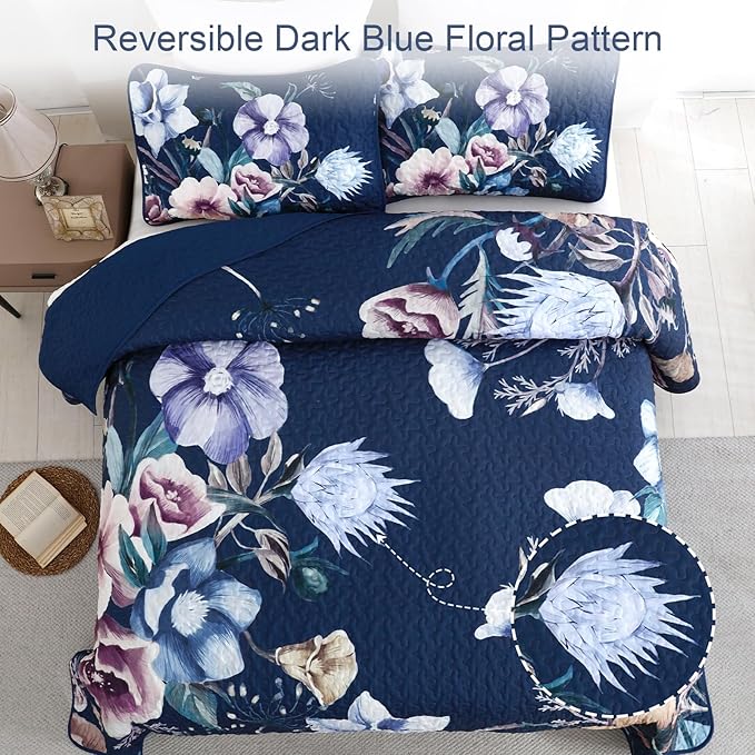 Drucon Blue Floral Quilt Set Queen Size 3 Pieces Blue Botanical Flower Quilt - Image 3