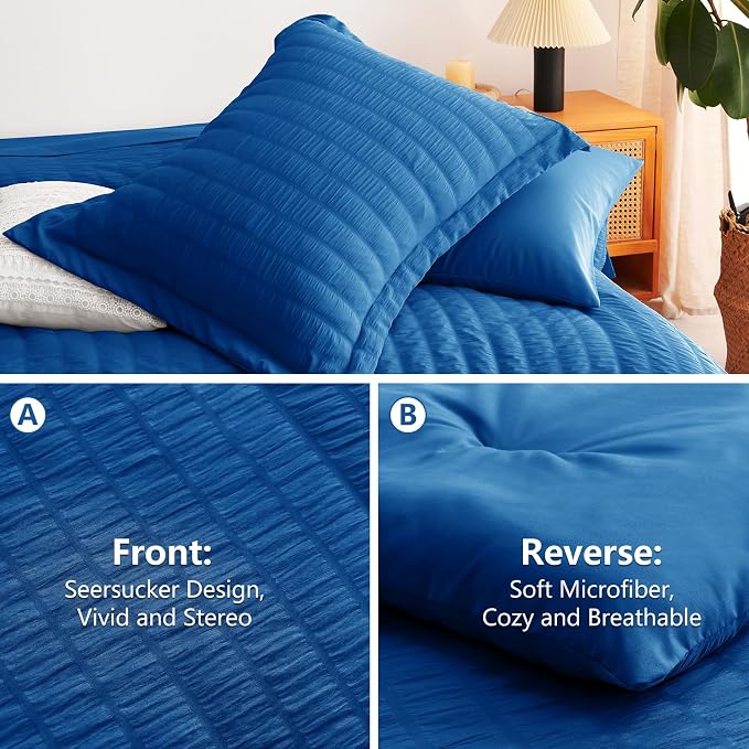 CozyLux King Size Comforter Set Classic Blue Seersucker 7 Pieces Bed in a Bag - Image 4