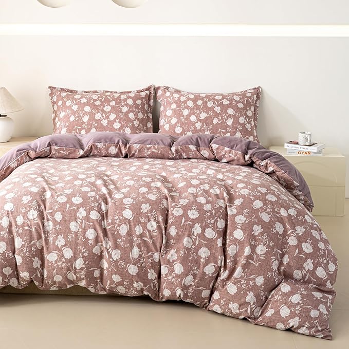OAITE Purple Flower Queen Size Duvet Cover-3 Pieces Prewashed Cotton-Like by OAITE