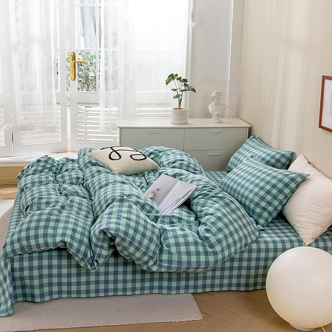 mixinni Green Gingham Grid Duvet Cover Twin, 100% Washed Cotton Modern - Image 3