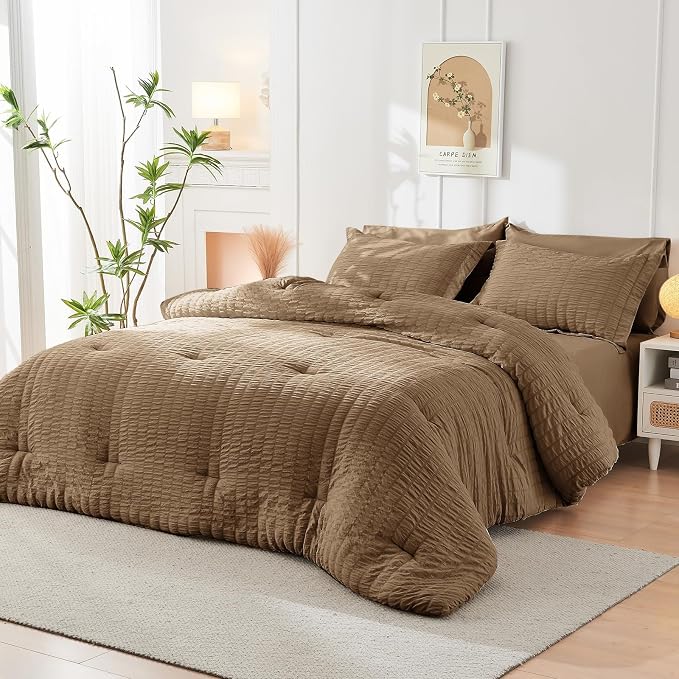HYMOKEGE Brown California King Comforter Set Seersucker 7 Pieces, All Season - Image 8