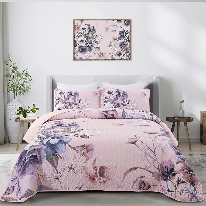 Floral Quilt Set King 3 Pieces Pink Floral Quilt Coverlet Set Soft Microfiber by DRUCON