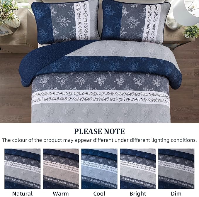 DJY Stripe Quilt Set Queen Size Navy Blue Bedspread Coverlet Set 3 Pieces Boho - Image 4