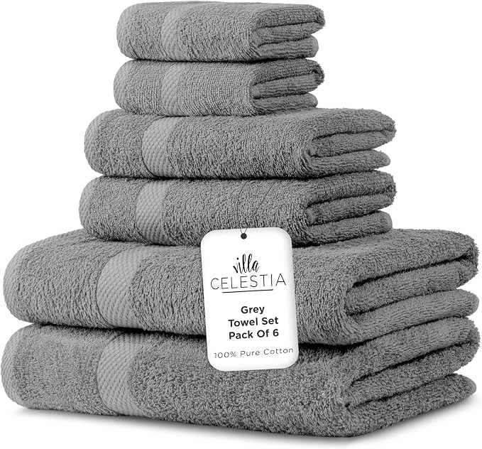 100% Combed Cotton Bathroom Towel Set of 6- 2 Bath Towels, 2 Hand Towels by VillaCelestia