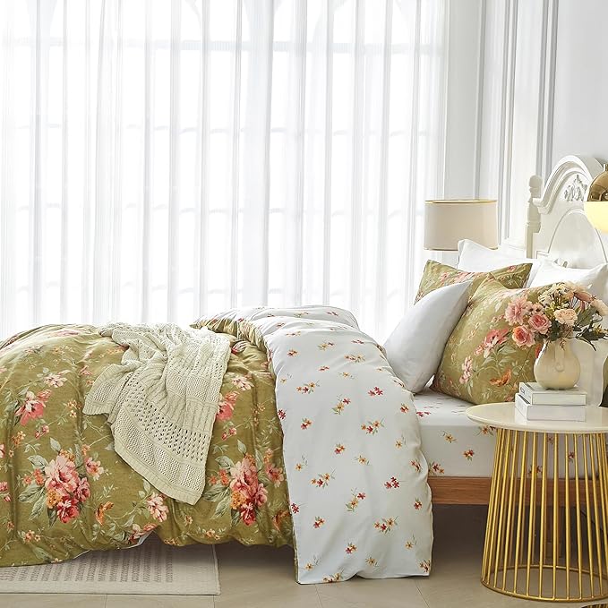 mixinni Duvet Cover Queen Size, Long Staple Cotton Reversible Green Floral - Image 3