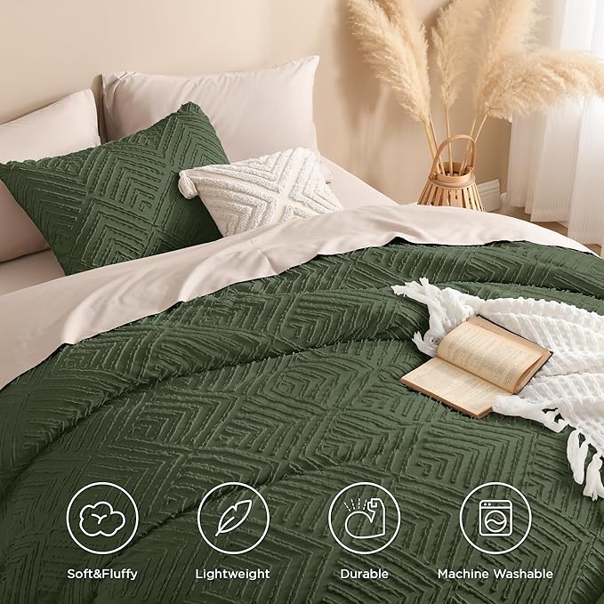 Andency Dark Olive Green Comforter Set Queen Size, Lightweight Fluffy Boho Men - Image 4