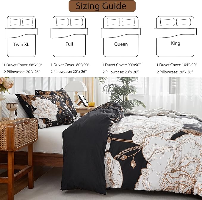 mixinni Floral Duvet Cover King Size, 3 Pieces White Flowers and Gold Leaves - Image 4
