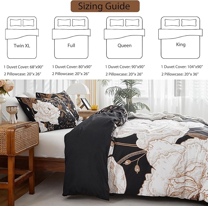 mixinni Black Floral Duvet Cover Full Size, 3 Pieces Garden Style Botanical - Image 4