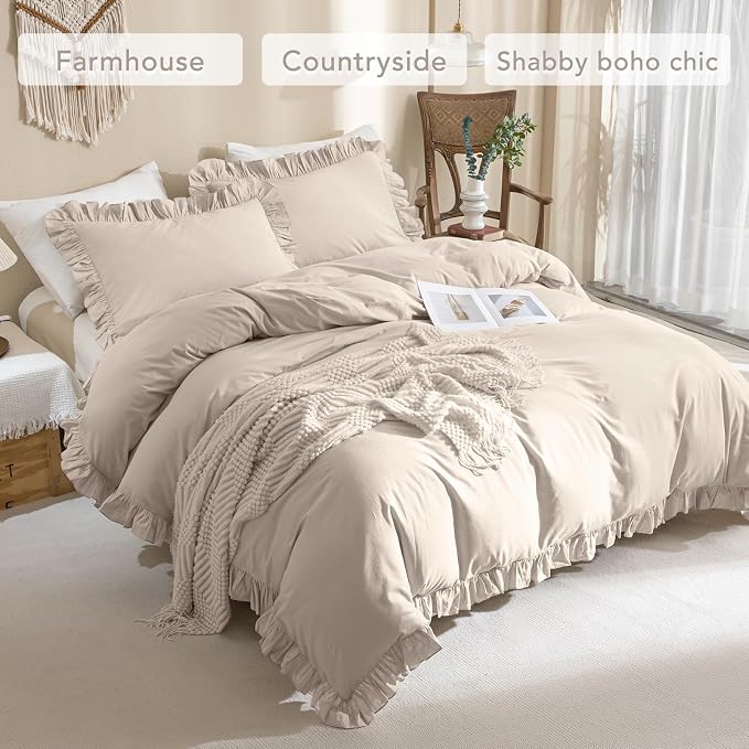 QSH 3Pcs Washed Cotton Ruffle Duvet Cover King Size - Image 4