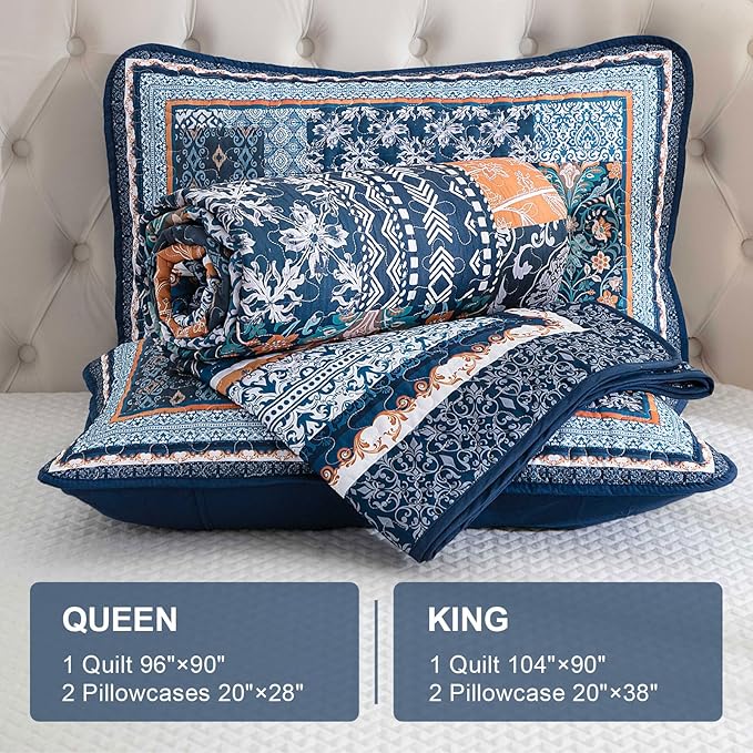 WONGS BEDDING Navy Blue Quilt Set King Size, Bohemian Patchwork Bedspread - Image 6