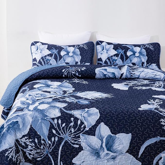 Floral Quilt Set Queen 3 Pieces Navy Blue Floral Quilt Coverlet Set Soft - Image 4