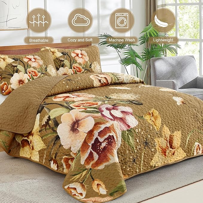 Drucon Brown Floral Quilt Set King Size 3 Pieces Brown Botanical Flower Quilt - Image 2