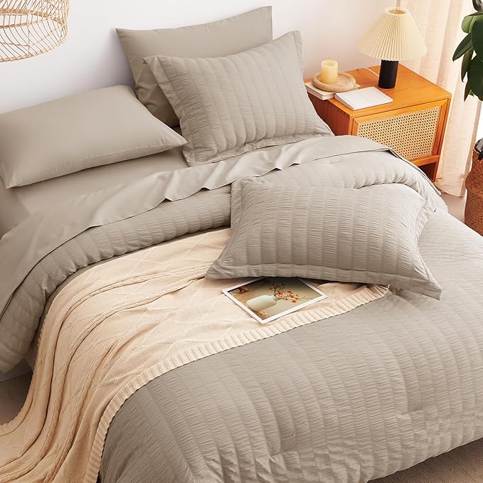 CozyLux Queen Comforter Set Khaki Seersucker 7 Pieces Bed in a Bag Queen - Image 6