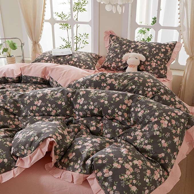 mixinni Vintage Floral Duvet Cover Set Twin Size – 100% Cotton Ruffle Lace - Image 4