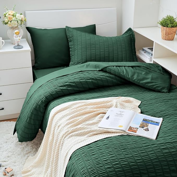 HYMOKEGE Emerald Green Twin XL Comforter Set Seersucker 5 Pieces, All Season - Image 2