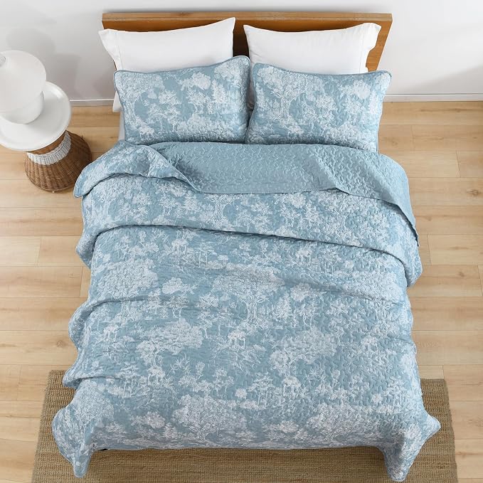 WONGS BEDDING Botanical Quilt Set King Size, Aqua 3 Pieces Toile Floral Plants - Image 5