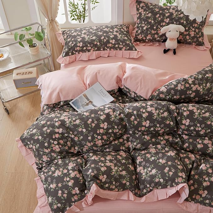 mixinni Vintage Floral Duvet Cover Set Twin Size – 100% Cotton Ruffle Lace - Image 5