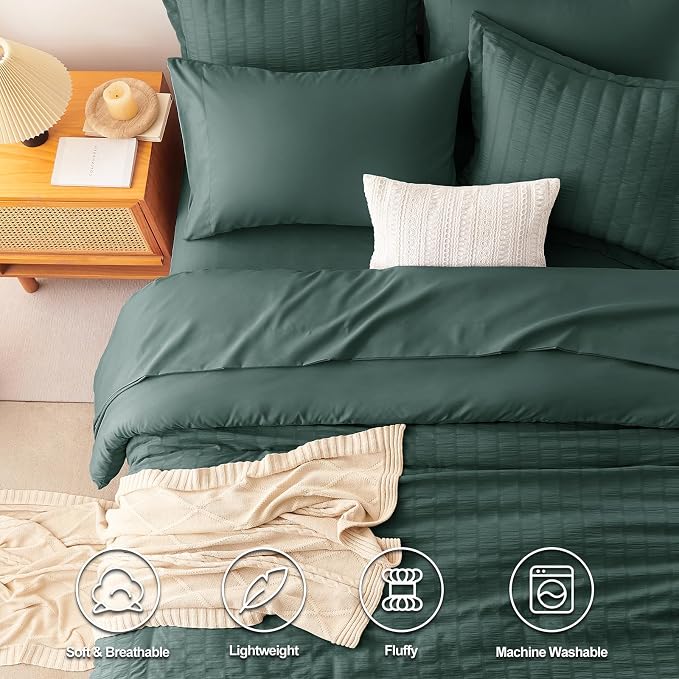 CozyLux Oversized King Comforter Set Forest Green Seersucker 7 Pieces 120x98 - Image 2