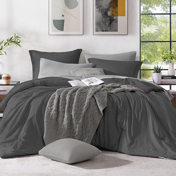 Monbix King Size Comforter Set, Dark Grey King Size Bed Set Reversible 7 Pieces by Monbix