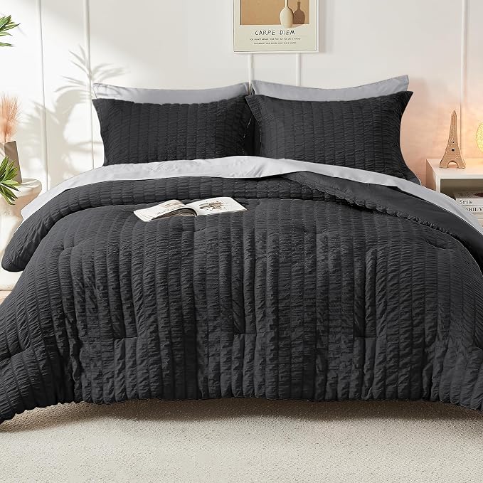 HYMOKEGE Black/Light Grey California King Comforter Set Seersucker 7 Pieces - Image 7