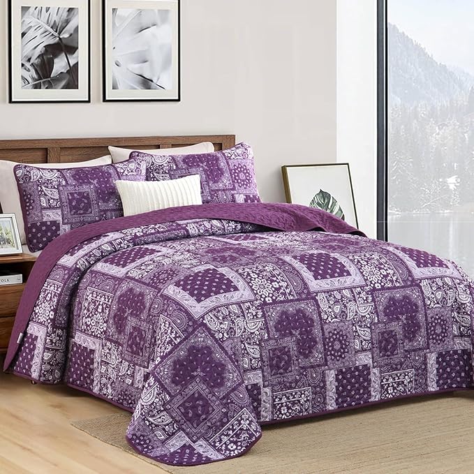 Cottolester Purple Quilt Set King Size, 3 Pieces Boho Patchwork Paisley Quilt - Image 2