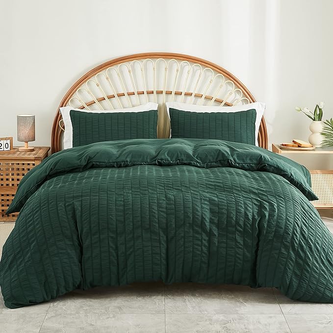AveLom Dark Green Seersucker Duvet Cover Set Full Size, 3 Pieces, Ultra Soft by AveLom