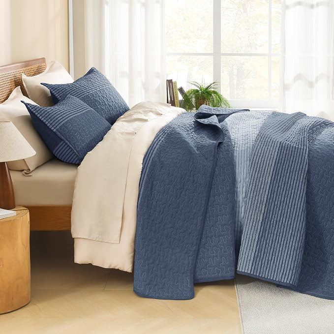 Litanika Oversized Queen Quilt Set Sapphire Blue, 98x98 Stripe Bedspread - Image 2