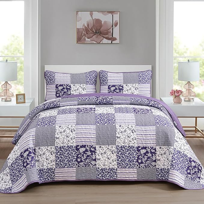 Mybedsoul Purple Quilt Set California King Size, 3 Pieces Boho Plaid Floral by Mybedsoul