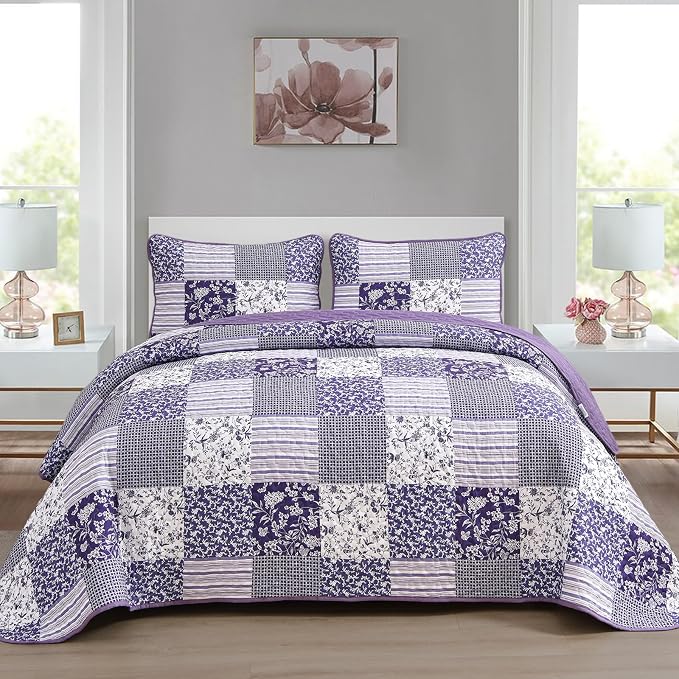 Mybedsoul Purple Quilt Set Queen Size, 3 Pieces Boho Floral Plaid Bedspread by Mybedsoul