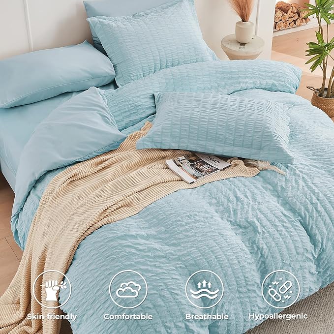 HYMOKEGE Lake Blue Twin XL Comforter Set Seersucker 5 Pieces, All Season Luxury - Image 3