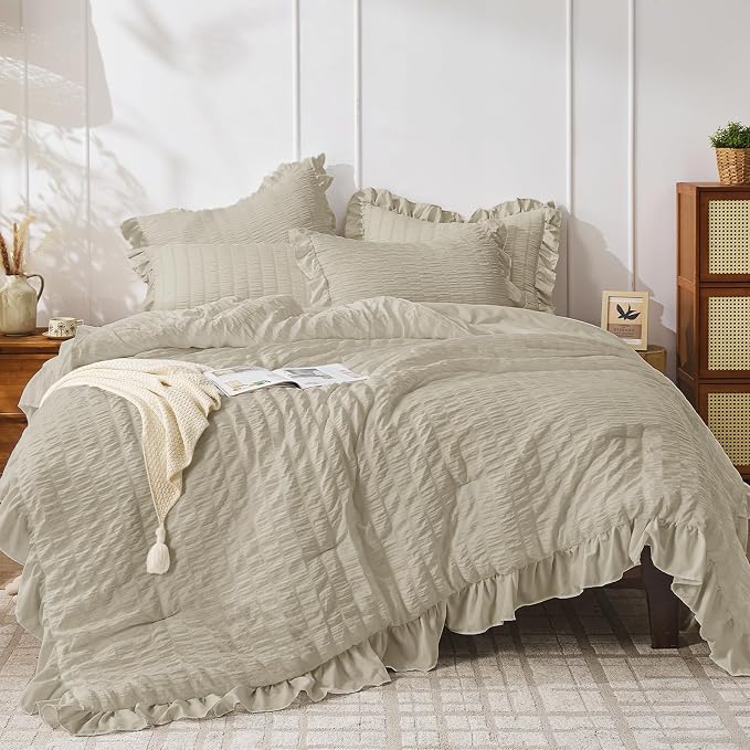 JOLLYVOGUE Twin Size Comforter Set, 2 Pieces Linen Seersucker Lightweight by JOLLYVOGUE