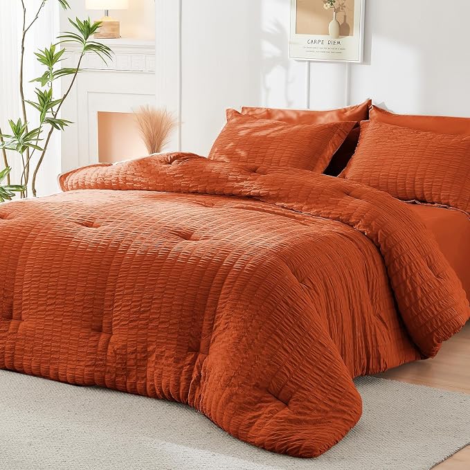 HYMOKEGE Burnt Orange King Size Comforter Set Seersucker 7 Pieces, All Season - Image 7
