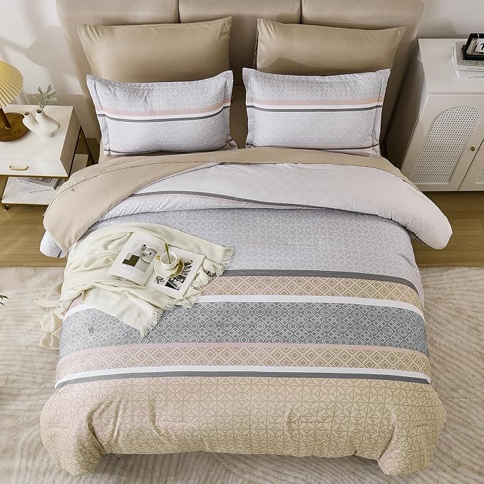 WONGS BEDDING Beige Comforter Set Queen Size, 7 Pieces Striped Bed in a Bag - Image 4