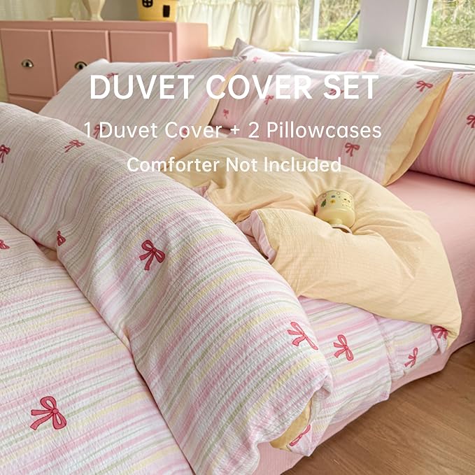 BOLINLIVING Pink Bow Duvet Cover Full Size, Girls Kids Cute Striped Bowknot - Image 6