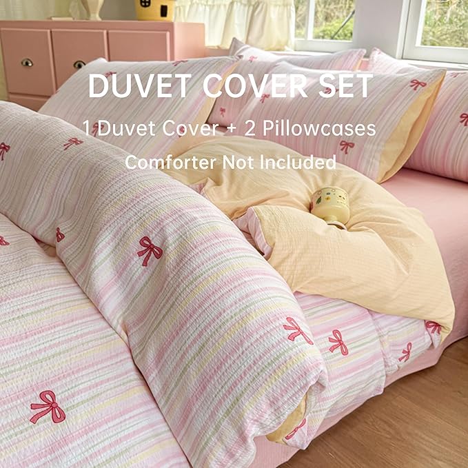 BOLINLIVING Pink Bow Duvet Cover Queen Size, Girls Cute Striped Bowknot Yellow - Image 6