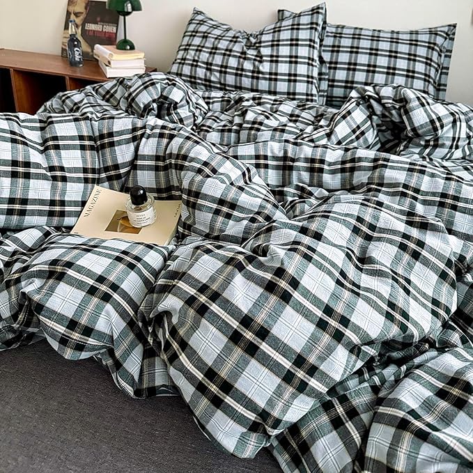 mixinni Vintage Grey & Pale Blue Buffalo Plaid Duvet Cover Set Full Size - Image 7