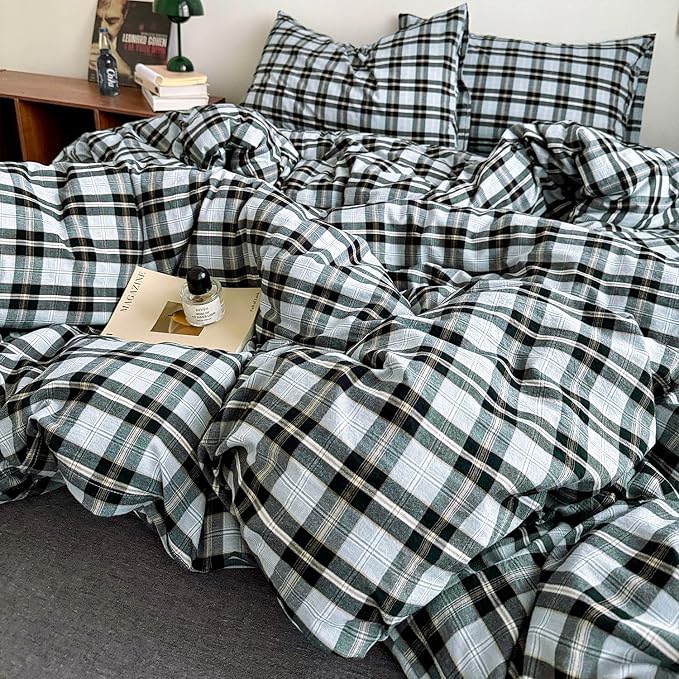 mixinni Vintage Grey & Pale Blue Buffalo Plaid Duvet Cover Set Twin XL Size - Image 7