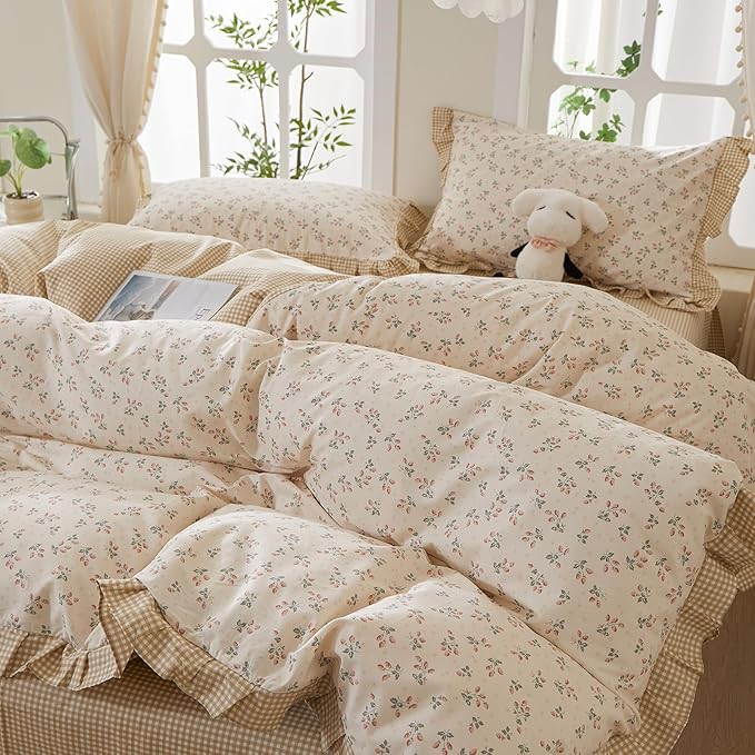 mixinni Beige Floral Duvet Cover Full Size, 100% Cotton Cute Strawberry Floral - Image 2