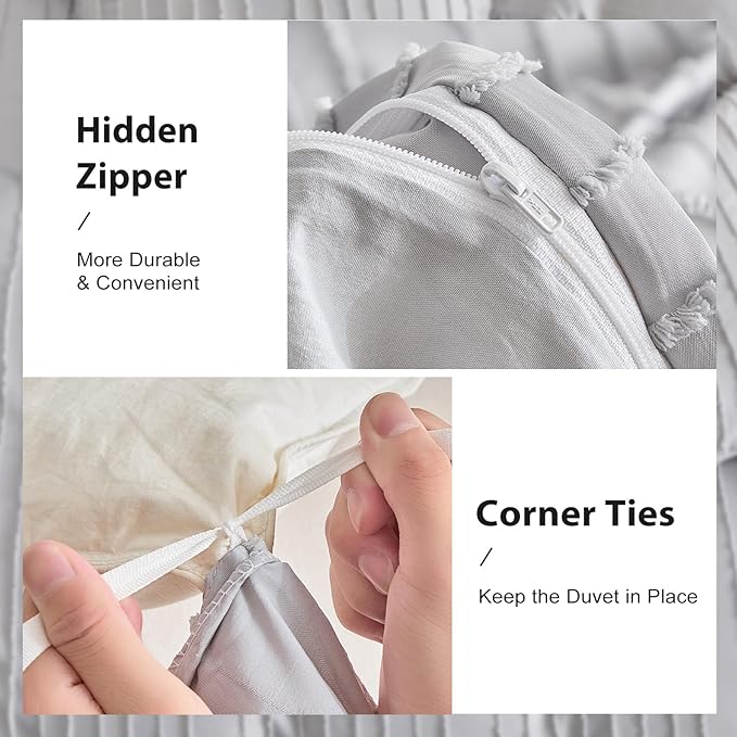 WARMDERN King Boho Duvet Cover Set, Light Grey Striped Microfiber 3pcs Bedding - Image 5